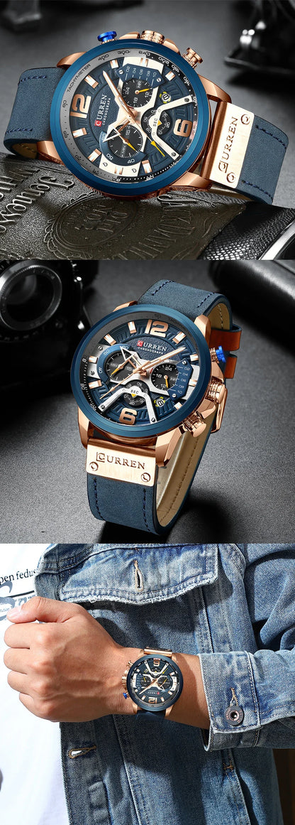 Relógio para homem CURREN 8329 – Estilo desportivo descontraído, design militar, bracelete em pele, cronógrafo na moda, relógio de luxo de grande marca