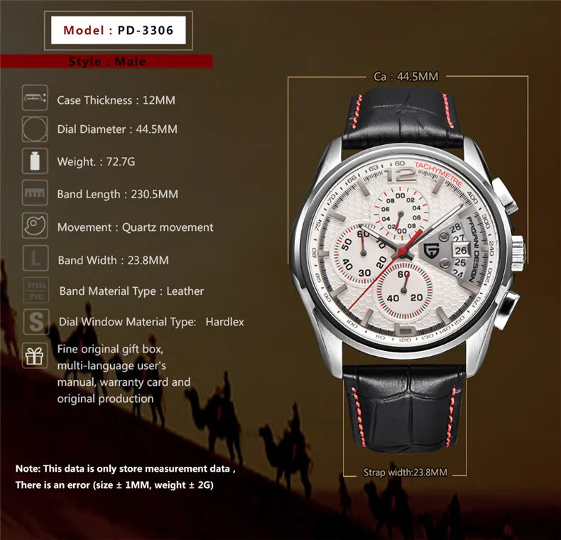 Orologio cronografo PAGANI DESIGN da uomo al quarzo multifunzione, stile militare da pilota