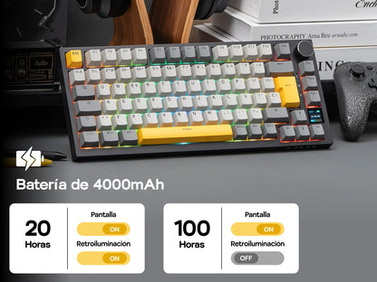 Distribución ISO-ES EPOMAKER X AJAZZ AK820 PRO 75% teclado mecánico con distribución española, cable/2.4GHz/BT, pantalla y perilla para Pc/Mac
