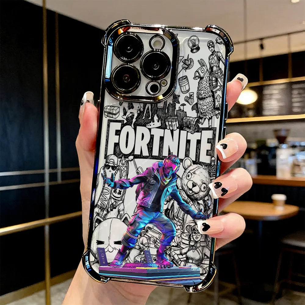 Funda de teléfono FortniteS popular con acabado metalizado para iPhone 17 17e 16e 16 15 14 13 12 11 Pro Max X XR XSMax 7 8 Mini Air Plus anticaídas