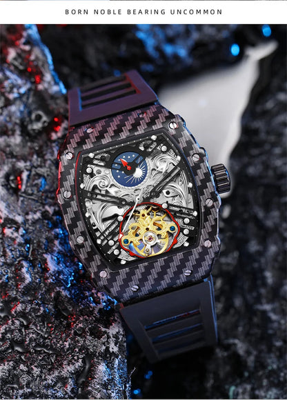 Mechaniczny zegarek Tourbillion dla mężczyzn, silikonowy pasek, szkieletowa koperta tonneau, automatyczne zegarki męskie, luksusowa topowa marka, reloj hombre