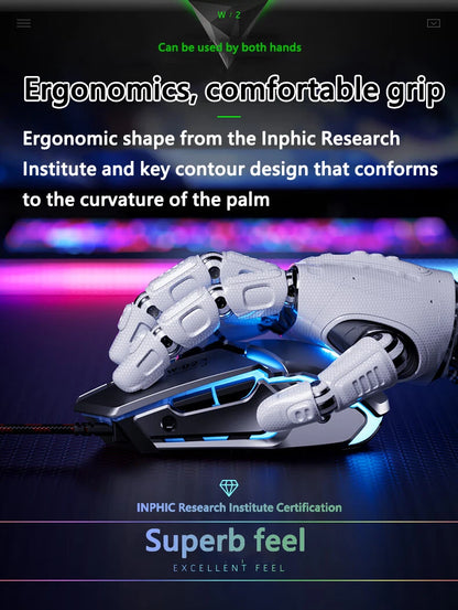 Inphic W2 2nd Generation USB Wired Gaming Mouse Silent Click Metal Style 6-key Macro Programming 8800DPI
