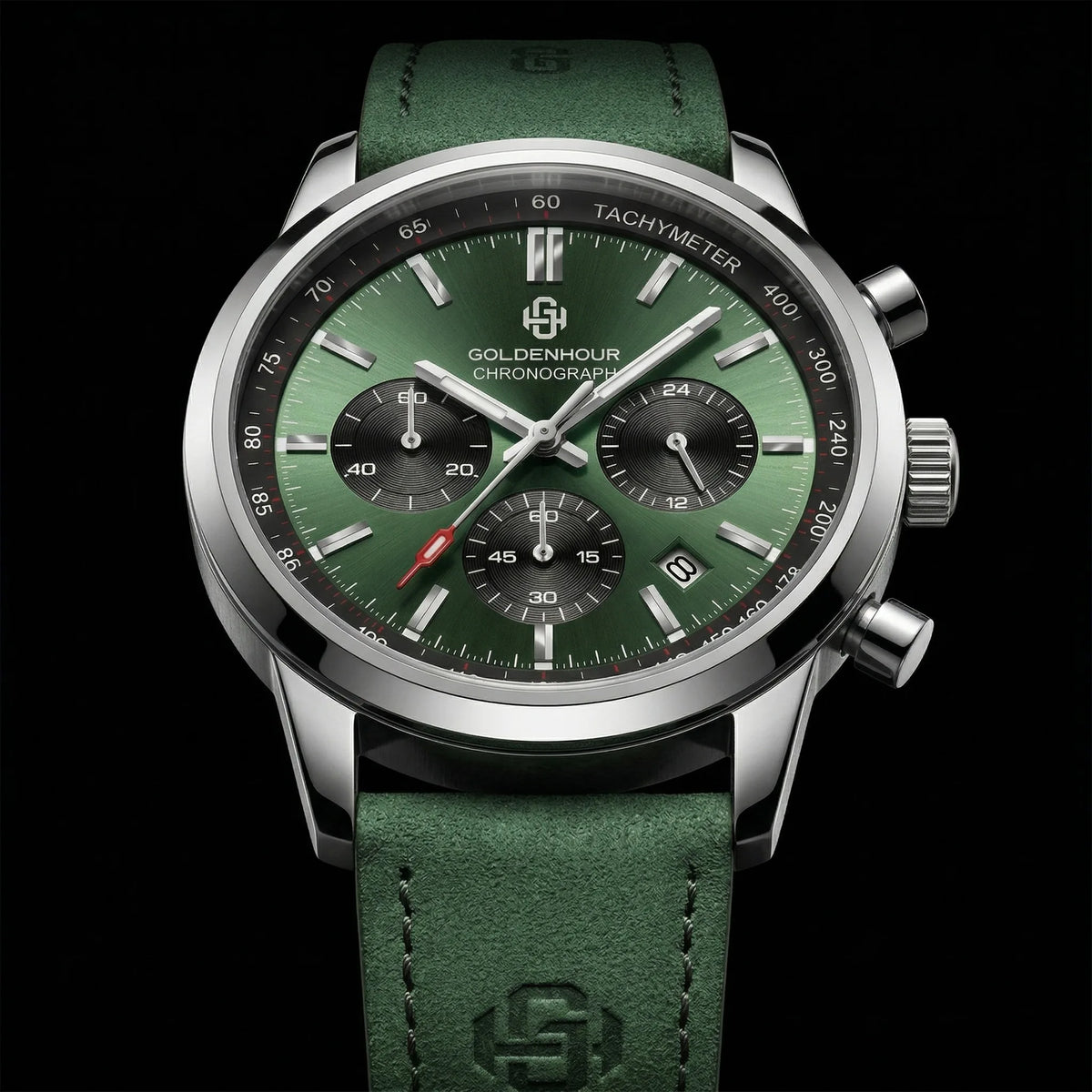 Relógio de luxo para homem GOLDENHOUR – Cronógrafo de quartzo, mostrador verde, bracelete em pele, resistente à água, luminescente, estilo militar e desportivo