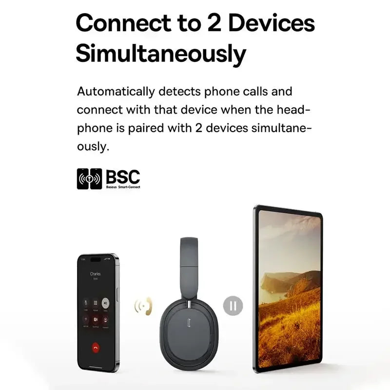 Cuffie over-ear wireless Bluetooth 5.3 Baseus – Driver HiFi da 40mm, autonomia di 70H, headset pieghevole con audio spaziale
