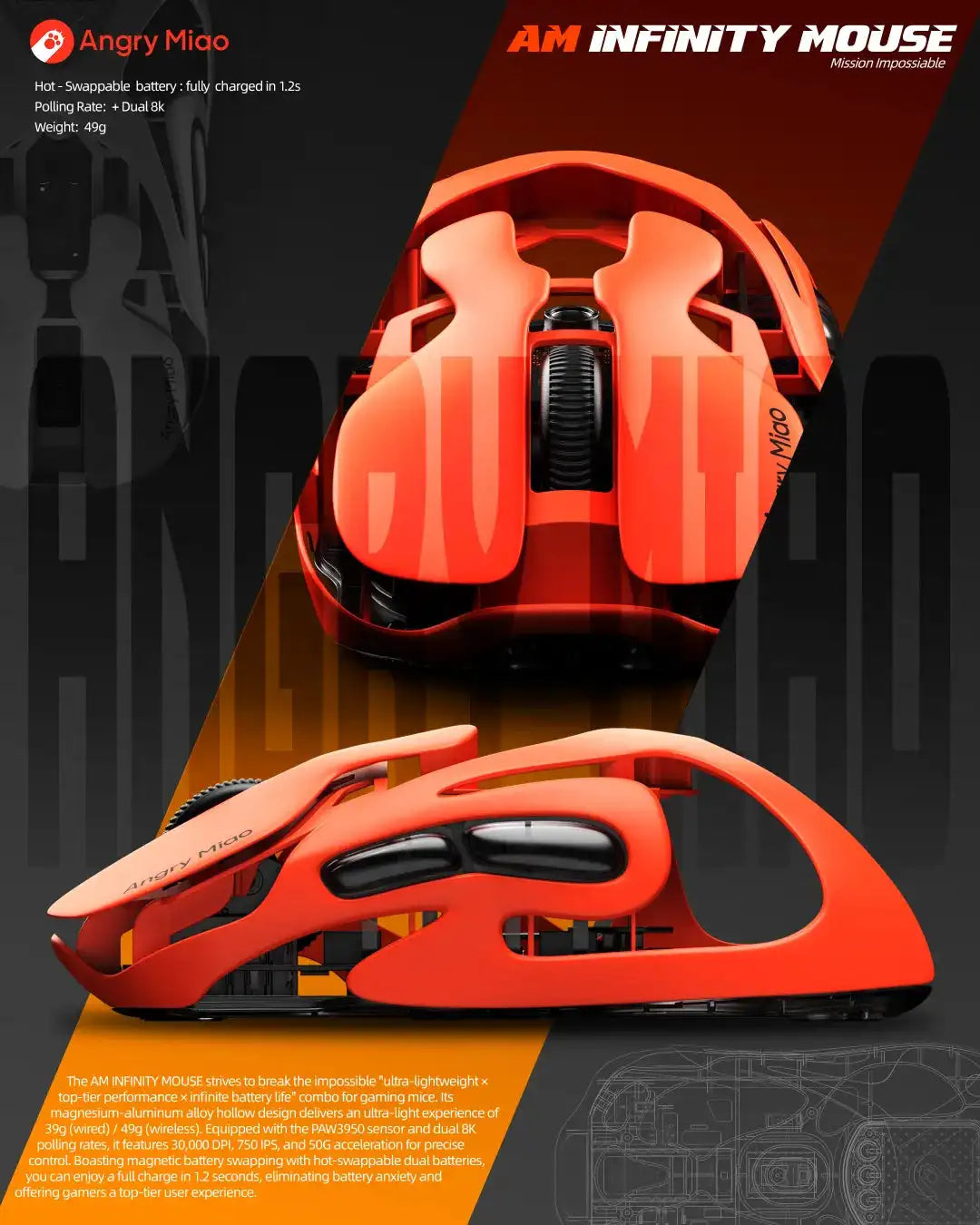 Angry Miao Infinity Mouse Wireless da Gaming Hot-Swappable in Metallo Ultralight Hollow PAW3950 Dual 8K Cablato Tri-Mode Arancione