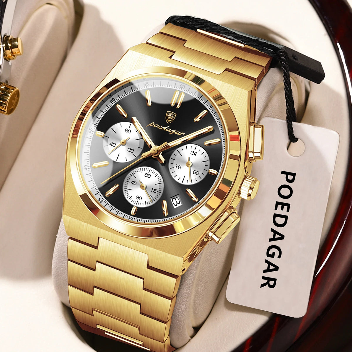 Reloj para hombre POEDAGAR: cronógrafo de lujo de acero inoxidable, con fecha, resistente al agua y luminiscente; reloj de pulsera deportivo de cuarzo