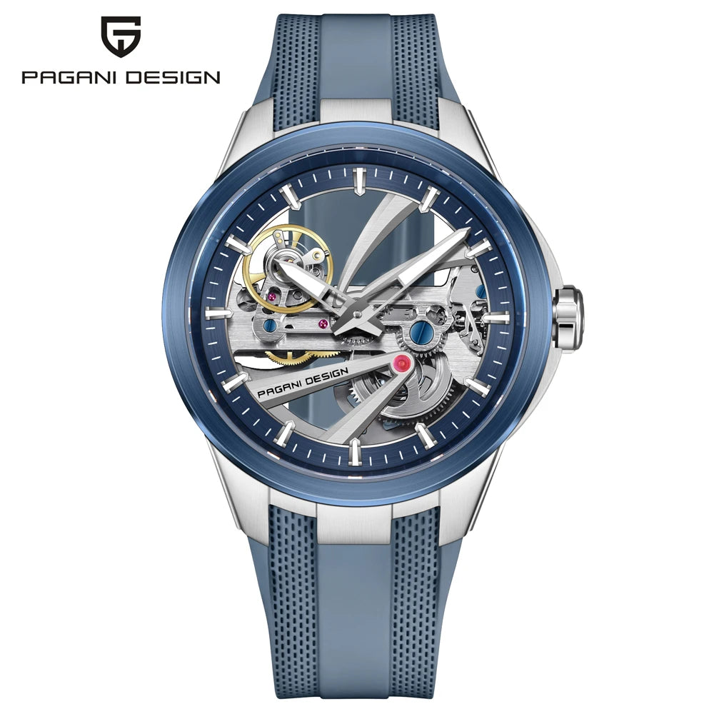 Pánske hodinky PAGANI DESIGN – Luxusný mechanický model s automatickým náťahom, typu „skelet“ (s otvoreným srdcom), vybavený tourbillonom, so zafírovým sklom s antireflexnou úpravou, vodotesné a luminiscenčné.