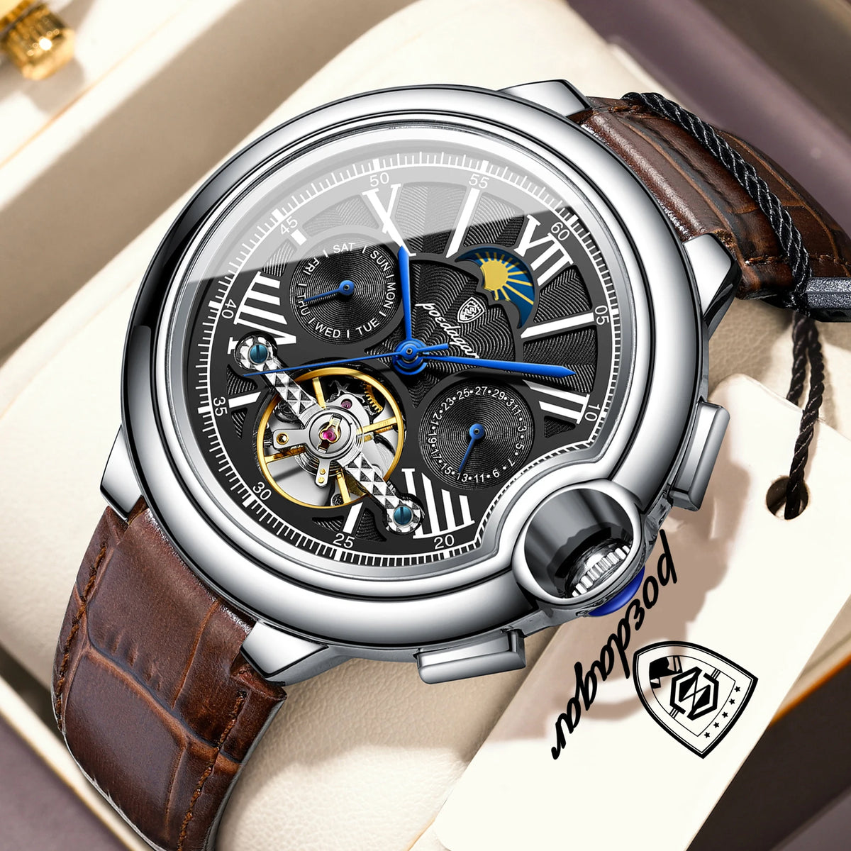 Relógio de luxo para homem POEDAGAR – Modelo mecânico automático com indicação da data e do dia, bracelete em pele, turbilhão, resistente à água, estilo elegante e profissional.