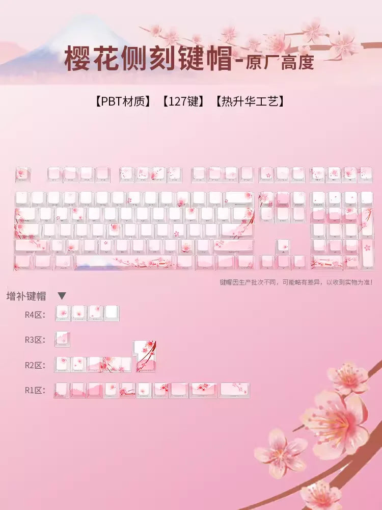 Juego de teclas Sakura Pink con grabado lateral, PBT translúcido, 127 teclas para switches MX y teclados mecánicos 60/84/90/104/108