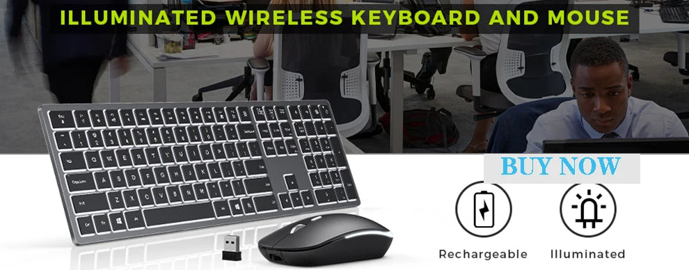 Combo tastiera e mouse wireless con retroilluminazione RGB, lettere illuminate ricaricabili, formato full-size, ergonomico, modalità sleep, 2.4GHz