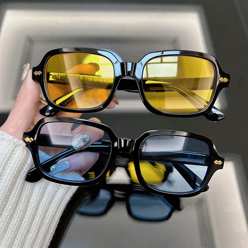 Vintage Square Sunglasses Women Fashion Small Frame Yellow Black Sun Glasses Male Female Retro Rivet Morror Oculos De Sol