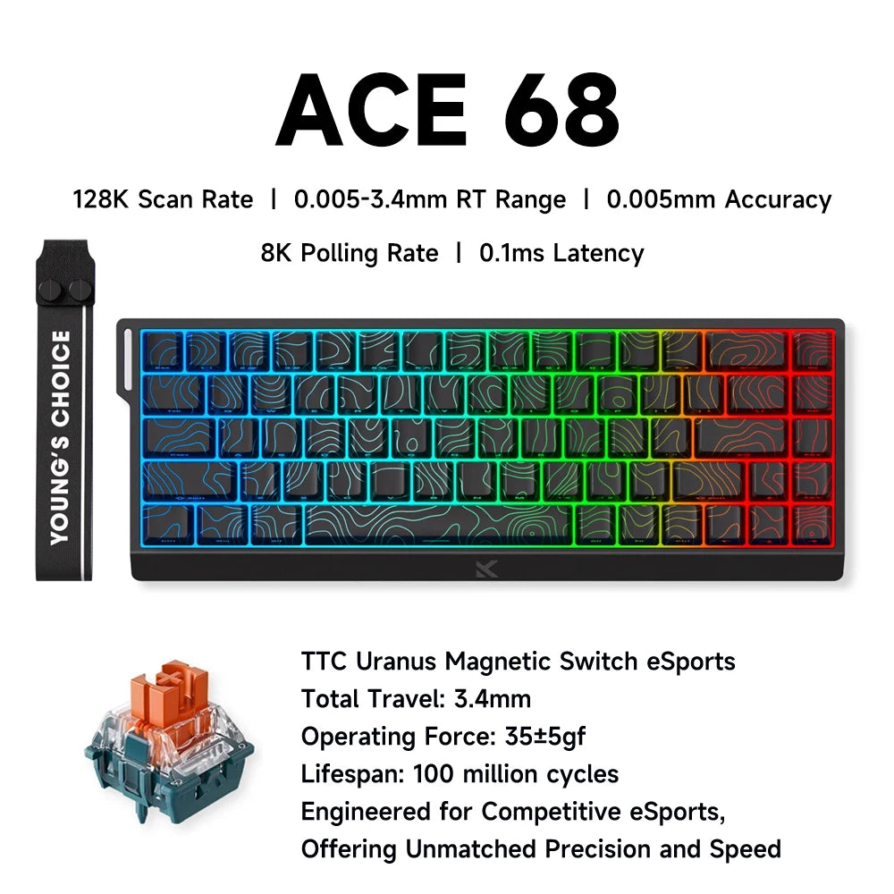 Tastiera gaming MCHOSE ACE 68 con switch magnetici Hall Effect, Rapid Trigger, RGB programmabile, 8K Hz, DKS/MT/TGL/RS/SOCD
