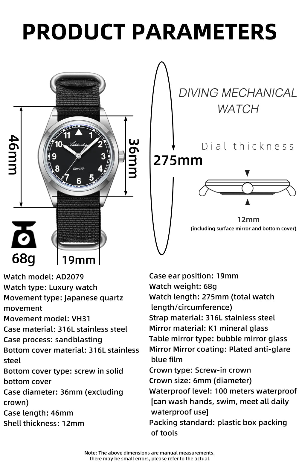 Reloj analógico para hombre ADDIESDIVE de 36mm con cristal de espejo abombado, resistente al agua 100m, luminoso, reloj de cuarzo sencillo para hombre con correa de nailon