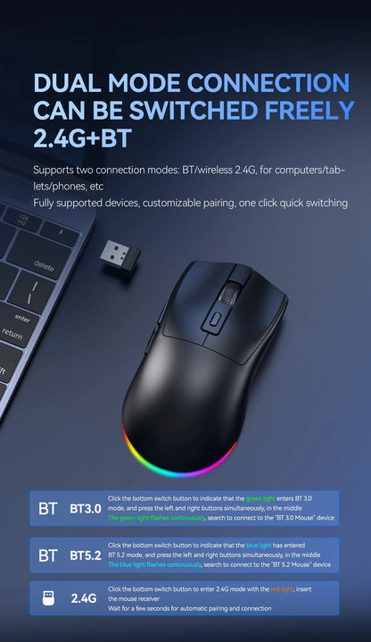 Dual-Mode Wireless Mouse with Magnetic Charging Dock, RGB Backlit Bluetooth & 2.4G Wireless Mouse, Rechargeable Ergonomic Mouse with Adjustable 1600 DPI