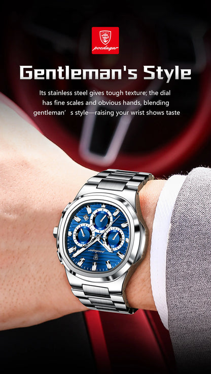 POEDAGAR Business Man Wristwatch Date Chronograph Waterproof Luminous Luxury Men Watch Stainless Steel Quartz Men's Watches Male