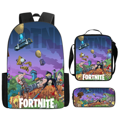 Set Fortnite Cartoon de 3 piezas, gran capacidad, adecuado para niños y niñas de 5 a 8 años, incluye mochila, bolsa para comida y estuche para lápices