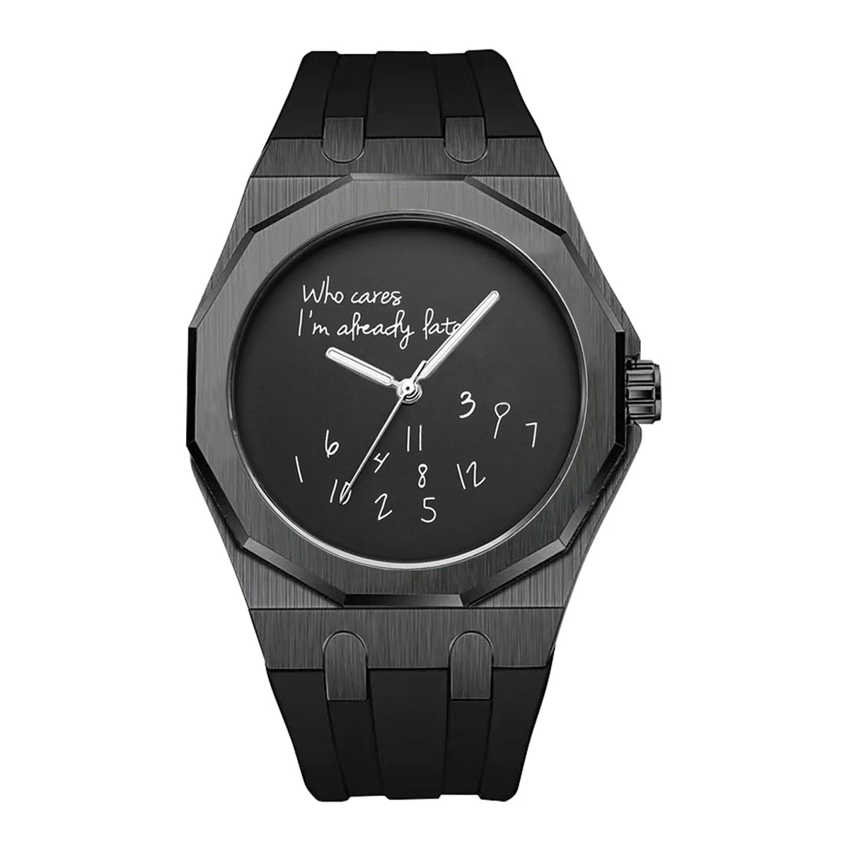 Relógio de luxo para homem com caixa octogonal e bracelete em silicone, à prova de água, dotado de um mostrador com o slogan humorístico «Who Cares I'm Already Late» (E daí, já estou atrasado).