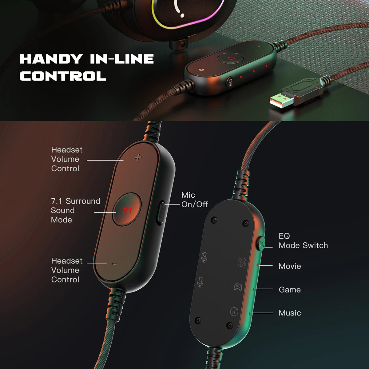 FIFINE RGB-Gaming-Headset mit Mikrofon – kabelgebundene Over-Ear-Kopfhörer mit 7.1 Surround Sound für PC, PS4 & PS5 mit 3 EQ-Modi