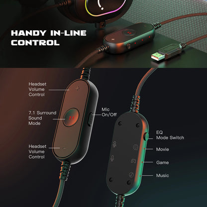FIFINE RGB-Gaming-Headset mit Mikrofon – kabelgebundene Over-Ear-Kopfhörer mit 7.1 Surround Sound für PC, PS4 & PS5 mit 3 EQ-Modi