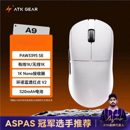 Mouse gaming wireless Bluetooth ATK Dragonfly A9, design ergonomico, risposta rapida, PAW3950 Ultra, 800mAh, leggero, 8KHz, eSport
