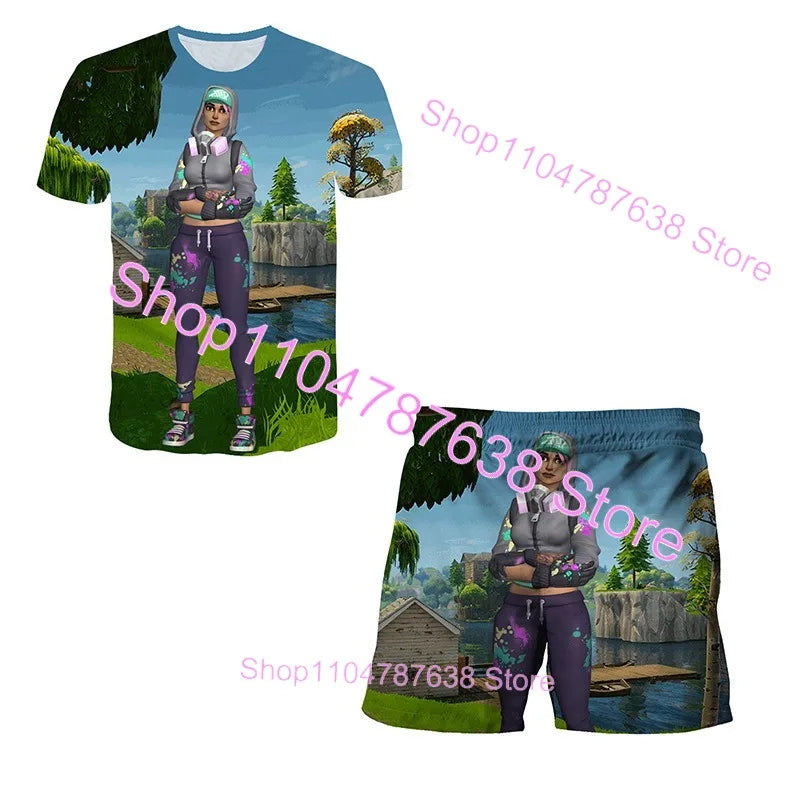 2PCS Suits F-Fortnited Victory 3D T-shirt Shorts Kids Tops Girls Boys Battle Royale Clothes Harajuku Tees Hero Children T Shirt