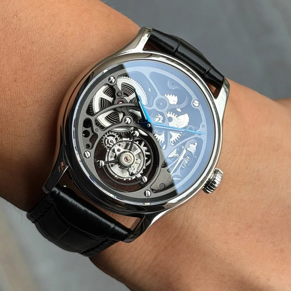 Merkur 100% Skeleton Tourbillon Watch Men's Sapphire Watch For Men Mechanical Carving Wristwatches Black Relogio Masculino 42mm