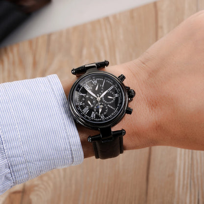Montre automatique pour homme BERNY, style rétro, avec affichage Soleil et Lune, aiguilles luminescentes et mouvement ST1652 ; une montre mécanique classique et élégante, dotée d'un bracelet en cuir véritable.