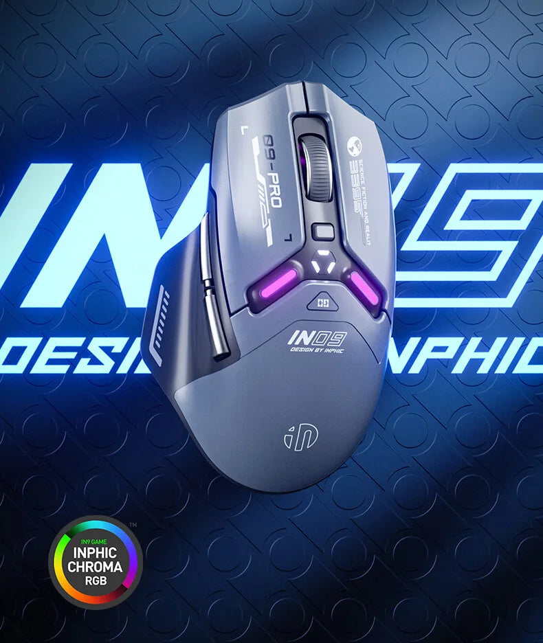 Inphic IN9PRO belaidė žaidimų pelė, 26000DPI, 8K apklausos dažnis, Bluetooth 5.0, laidinė, 2.4G, trijų režimų RGB ergonominė žaidimų pelė