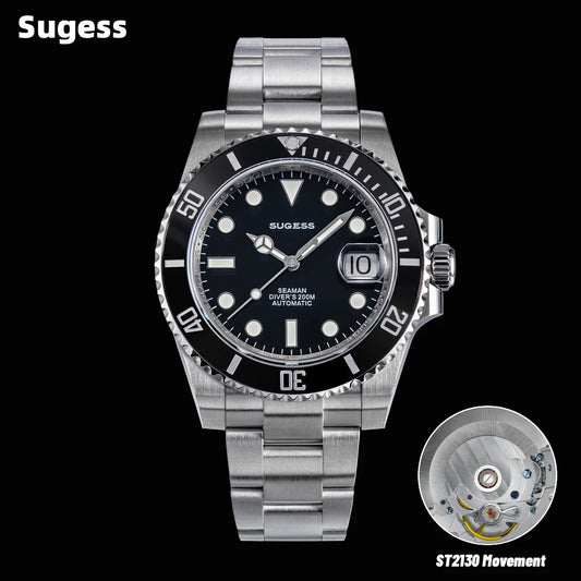 Sugess Men of Watch Automatic Mechanical ST2130 Movement Wristwatches 200M Water Resistant Sapphire Crystal Adjust Clasp S421