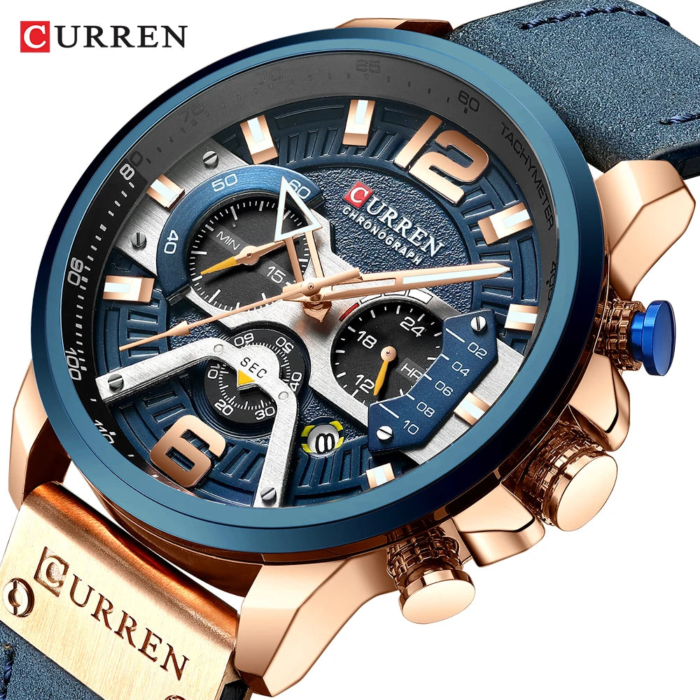 Relógio para homem CURREN 8329 – Estilo desportivo descontraído, design militar, bracelete em pele, cronógrafo na moda, relógio de luxo de grande marca