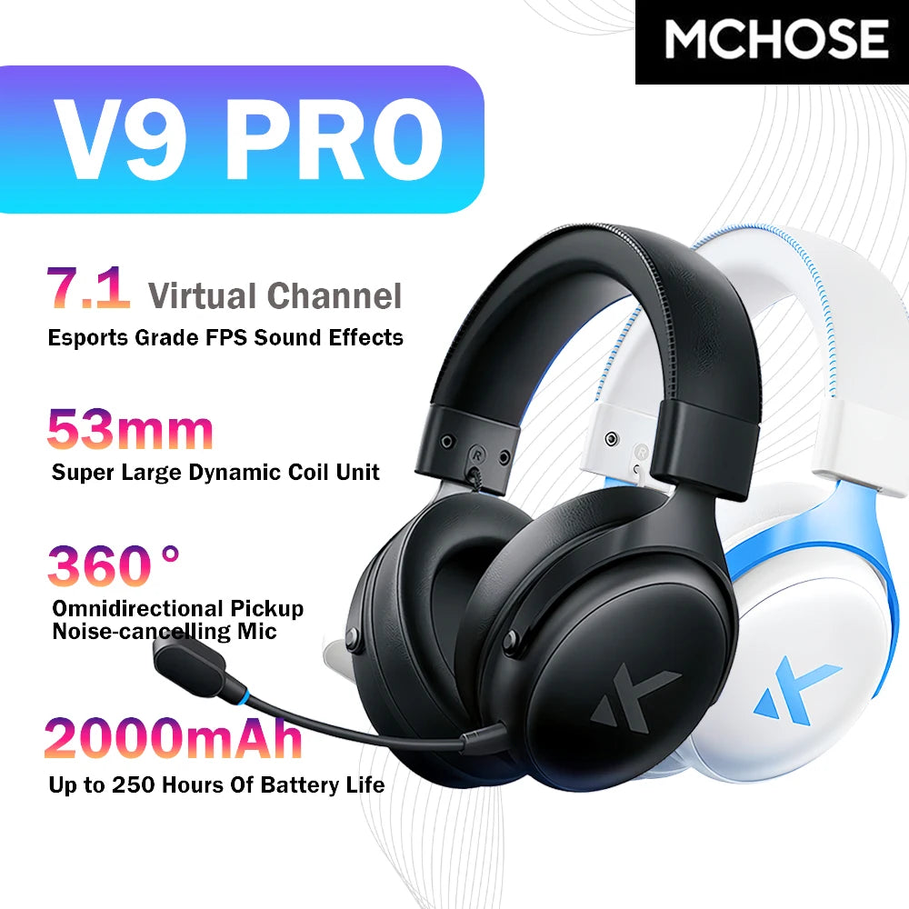 MCHOSE V9 PRO 7.1 Wireless Gaming Headset – Tri-Mode Low Latency Bluetooth 5.3 E-Sports Headphones with AI Noise Cancelling Mic for PC PS4 PS5