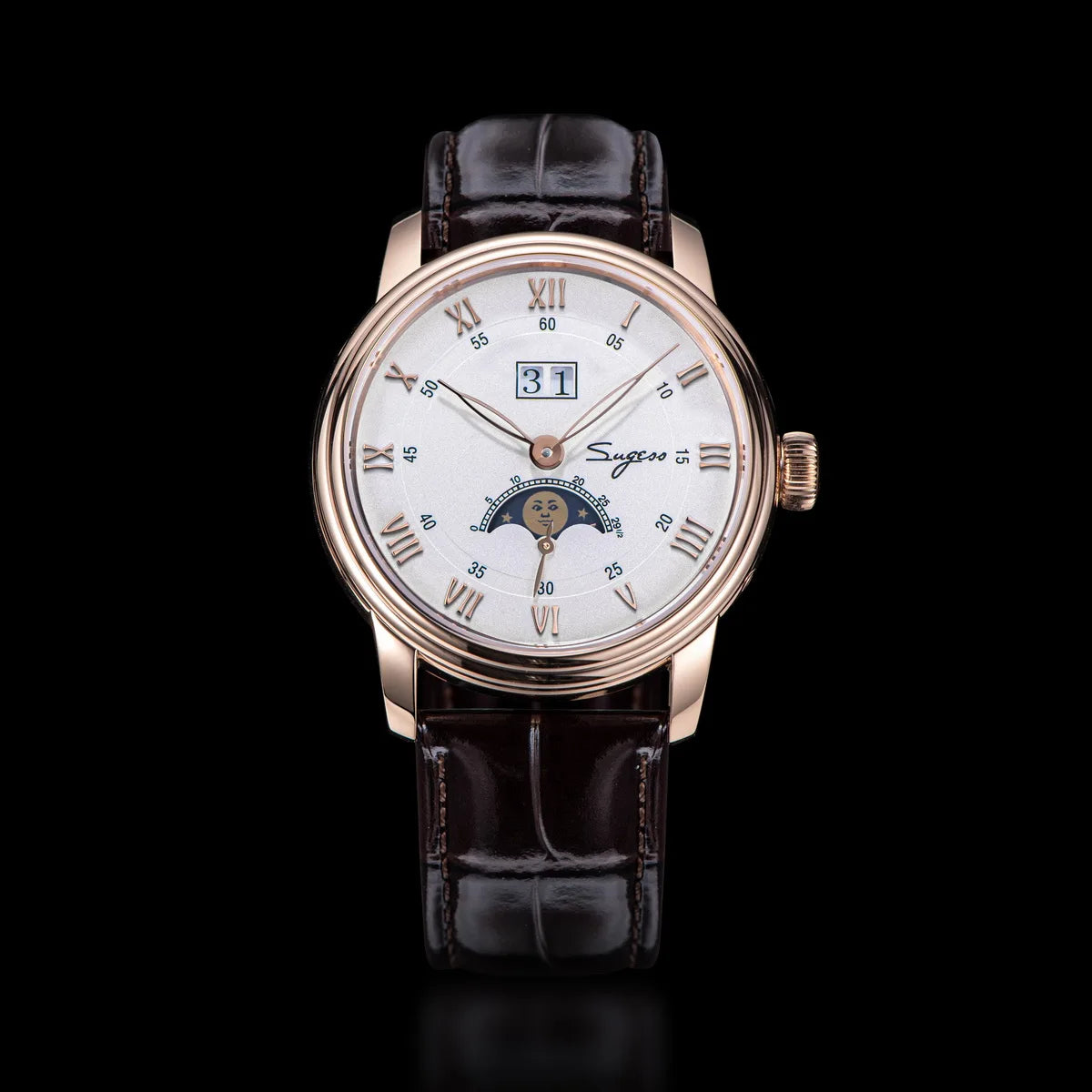 Sugess Moonphase Watch of Men 40mm Automatic Mechanical Wristwatches Seagul ST2528 Movement Stainless Steel Blue Sandstone Dial