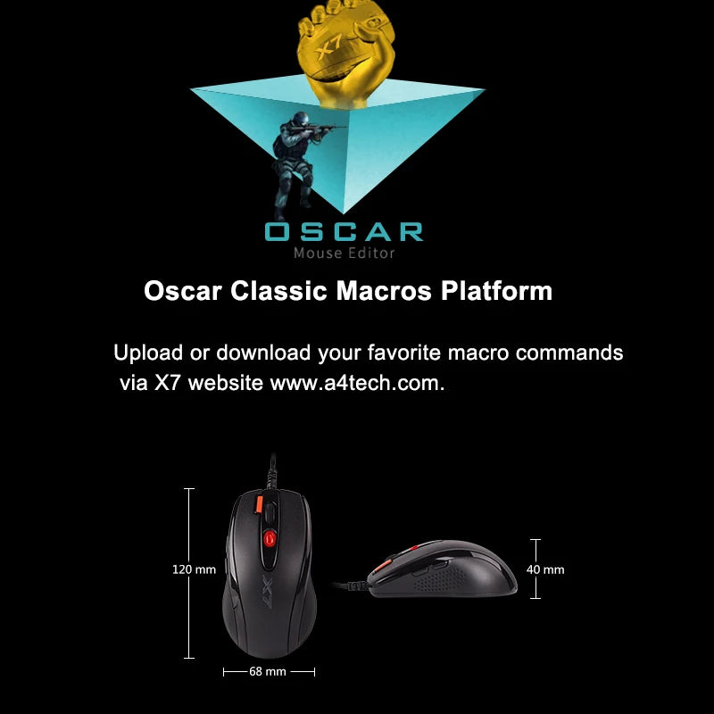 Mouse gaming A4TECH X7 X-710BK Oscar, 2000DPI, 1000HZ, rotella 4D, memoria integrata 160K, Oscar Mouse Editor, senza driver