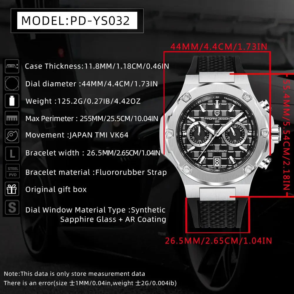 Reloj de cuarzo para hombre PAGANI DESIGN PD-YS032, 44mm, movimiento japonés VK64, caja de acero inoxidable, correa de caucho, cristal de zafiro, resistente al agua 100M