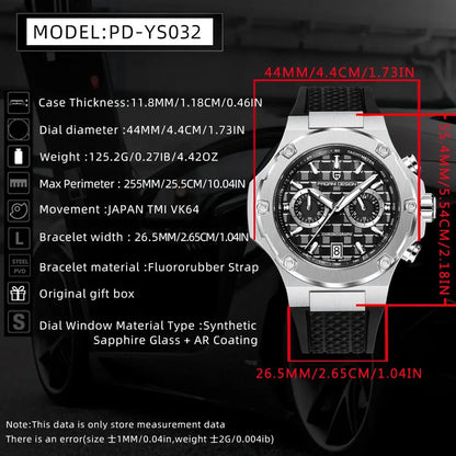 Reloj de cuarzo para hombre PAGANI DESIGN PD-YS032, 44mm, movimiento japonés VK64, caja de acero inoxidable, correa de caucho, cristal de zafiro, resistente al agua 100M