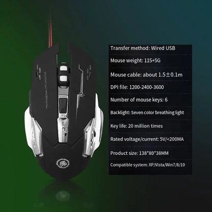 Mouse gaming Carpbaba GM6 per gamer, mouse ottico cablato regolabile con LED, cavo USB, mouse silenzioso per laptop e PC