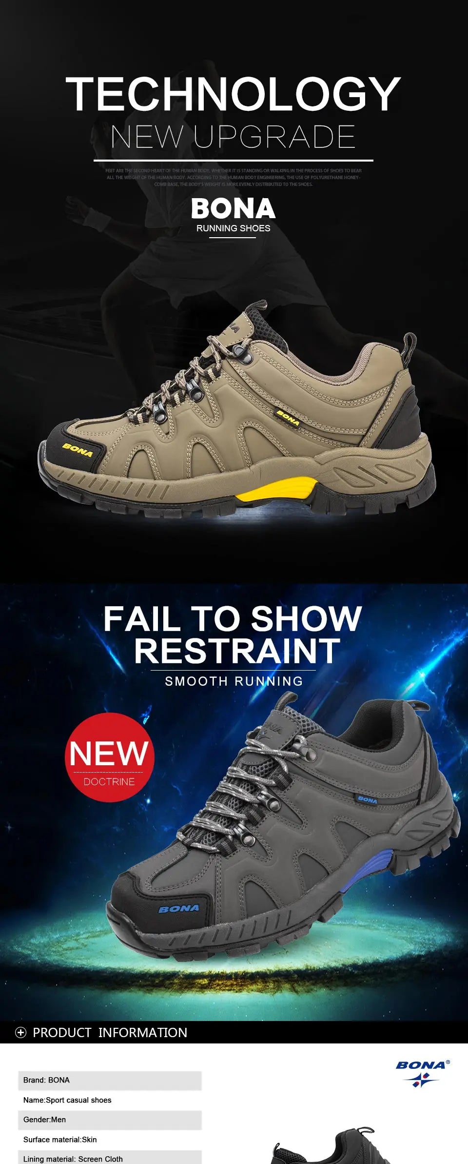 BONA New Arrival Classics Style Men Hiking Shoes Lace Up Men Sport Shoes Outdoor Jogging Trekking Sneakers