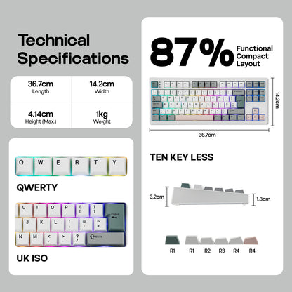 Teclado mecânico EPOMAKER TH87 TKL com layout ISO-UK, ligação com fio/BT/2.4Ghz sem fios, NKRO, bateria de 10000mAh e iluminação RGB