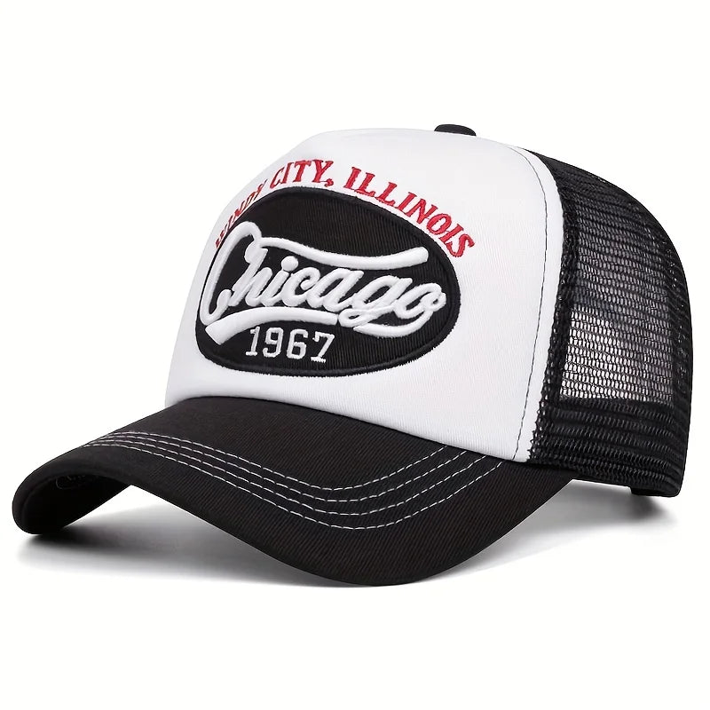 1pc Chicago 1967 Embroidered Letter Baseball Cap - Lightweight, Breathable Mesh Back Trucker Hat