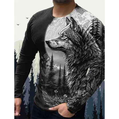 3D Printed Wolf Eagle T Shirt For Men Vintage Animal Pattern Tees Spring Autumn Long Sleeves O-Neck Tops Loose Street T-Shirts