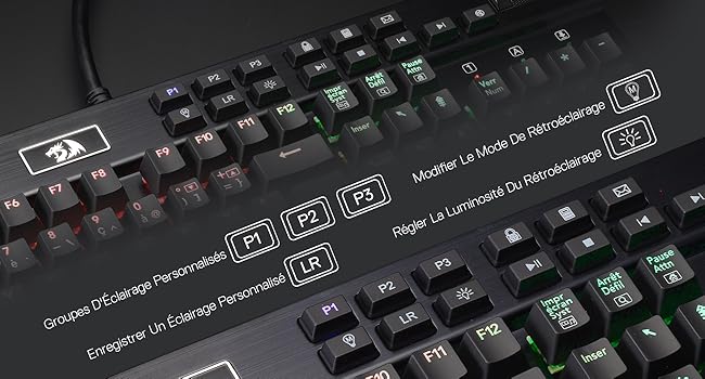 Redragon K550 RGB AZERTY Gaming Keyboard, 104 Keys + 12 Macro Keys, Wired Mechanical Keyboard, Aluminum Top Plate, Clicky Purple Switches, 2 USB Ports, Wrist Rest, Black