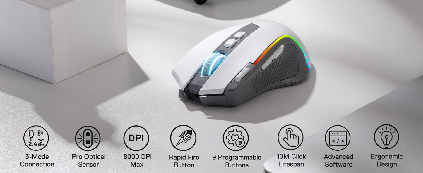 Redragon M612 PRO RGB BT 2.4G Gaming Gamer Mouse, 8000 DPI Wireless Optical 9 Programmable Buttons 7 Backlit Modes, B